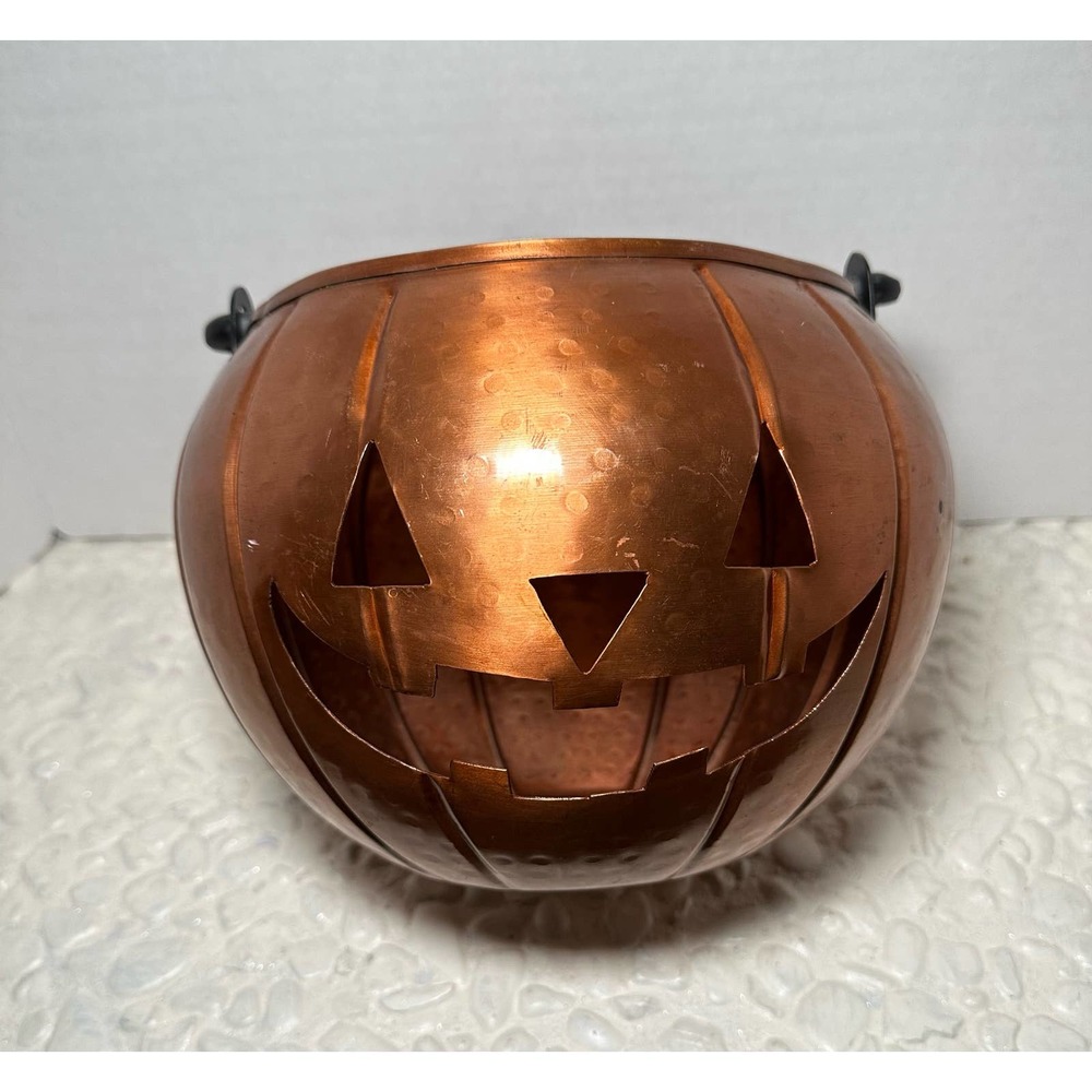 Moonlight Manor Copper Jack O Lantern With Handle Halloween Pumpkin 8x13